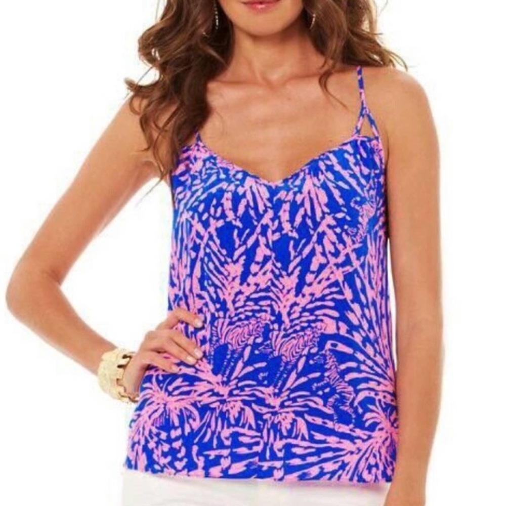 Lillly Pulitzer XXS Rory Tank Top Rollin In The Grass Pink Blue Silk Cami Blouse